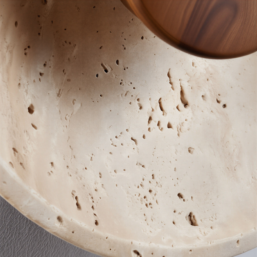 Applique murale ronde en pierre de travertin naturel et bois foncé | Colette