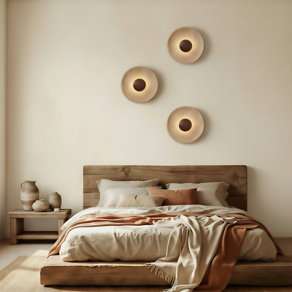 Applique murale ronde en pierre de travertin naturel et bois foncé | Colette