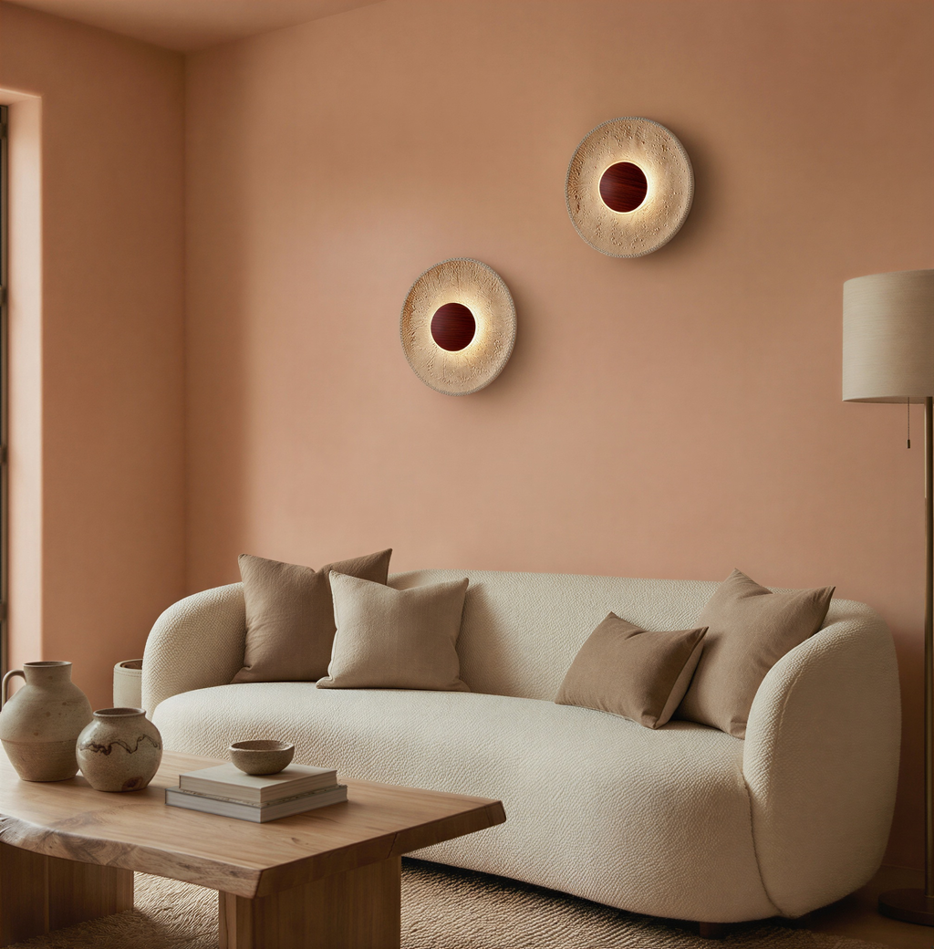 Applique murale ronde en pierre de travertin naturel et bois foncé | Colette